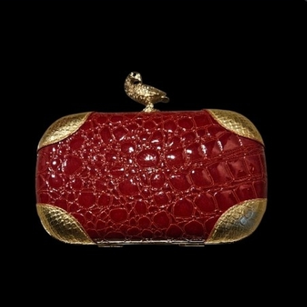 Red Crocodile Embossed Bird Kiss Lock Clutch with Gold Chain and Accents - Picture 1 of 8